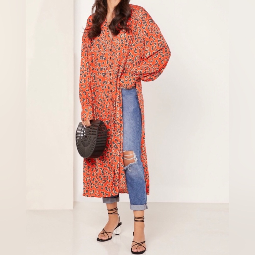 Free People Red Boho Animal Print Long Sleeve Dress M fits L